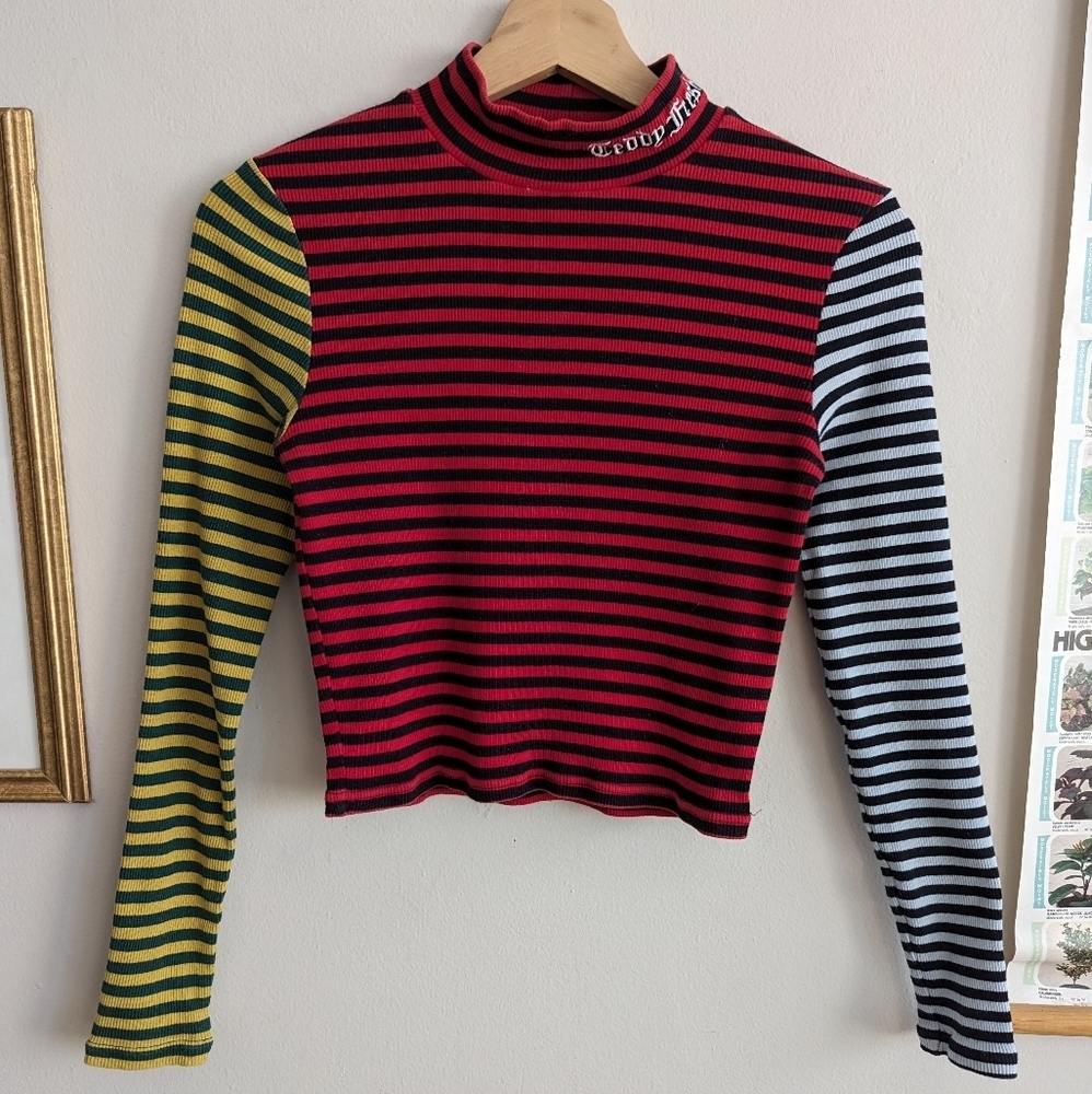 Teddy Fresh Women's Mock Neck Mismatched Striped Long Sleeve